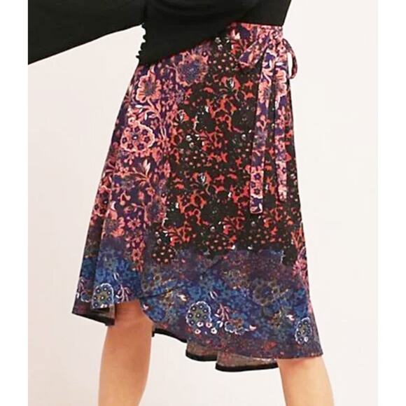 Maeve x Anthropologie Womens Floral Print Faux Wrap Side Tie Knit Skirt High Low - Picture 2 of 11
